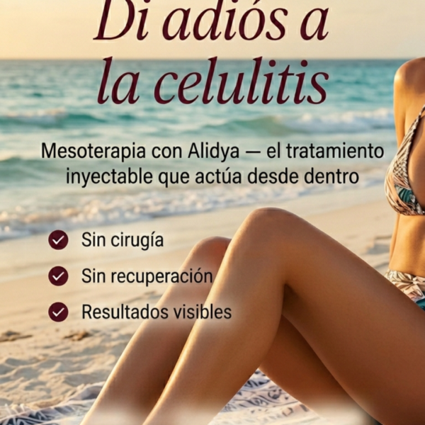 Mujer en la playa con piernas torneadas representando el tratamiento de mesoterapia corporal con Alidya para celulitis en Murcia