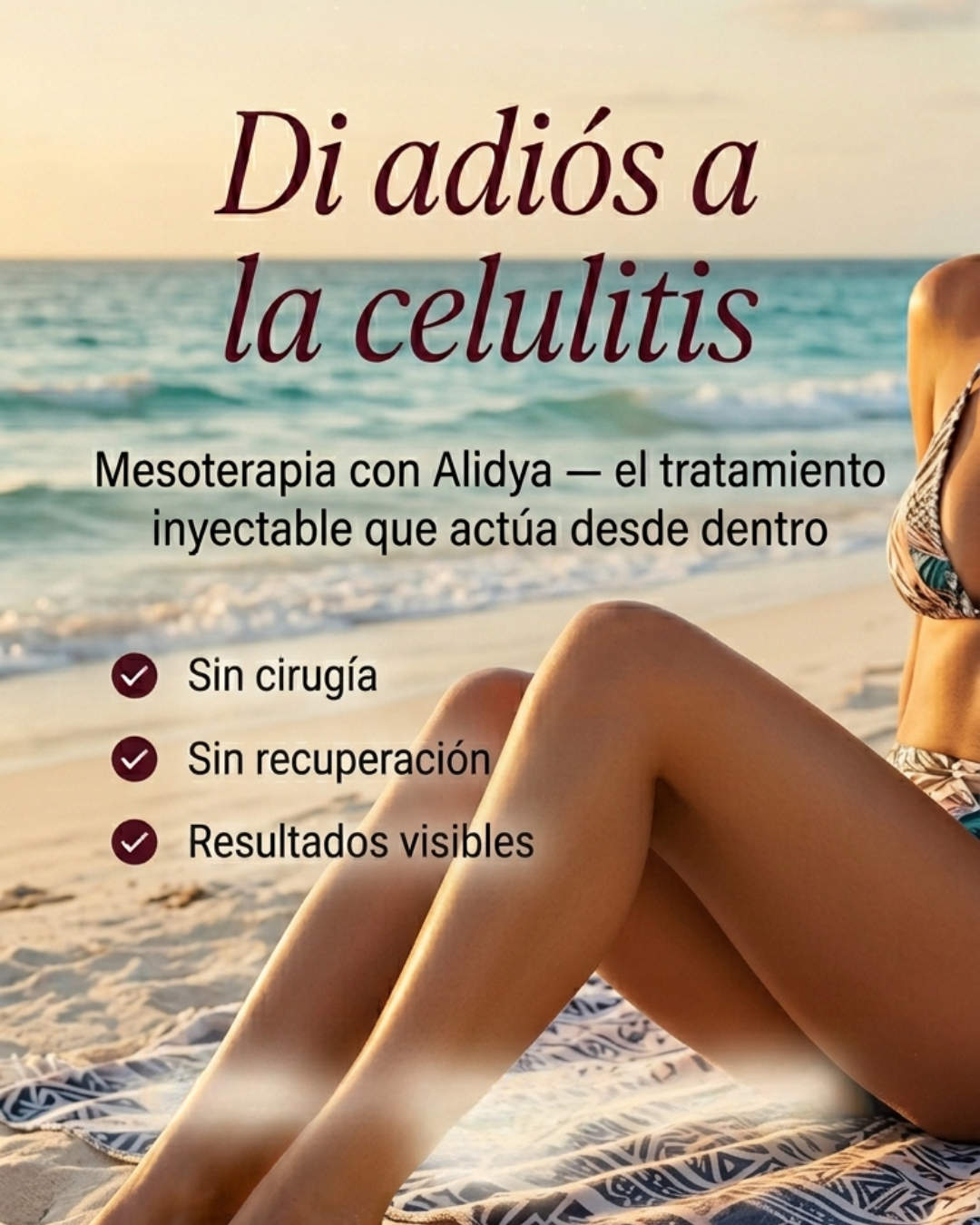 Mujer en la playa con piernas torneadas representando el tratamiento de mesoterapia corporal con Alidya para celulitis en Murcia