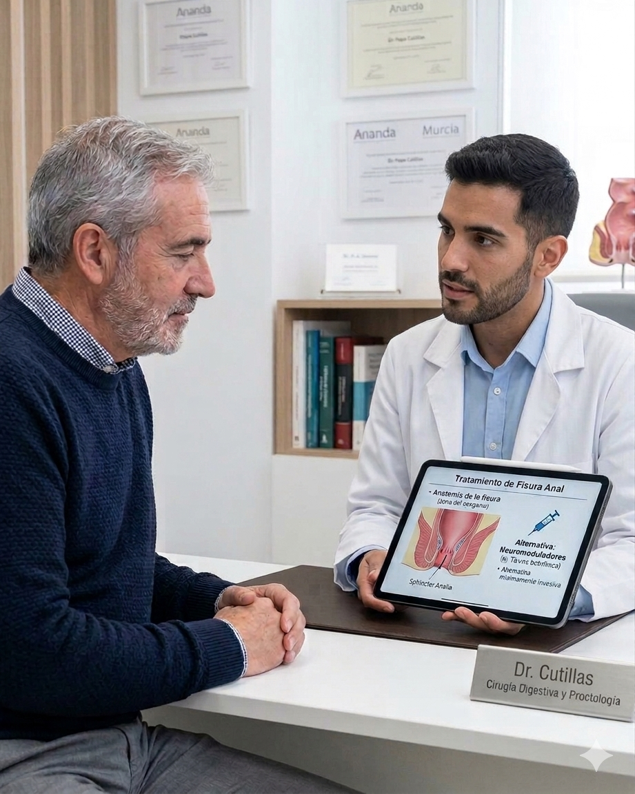 Dr. Cutillas explicando tratamiento de fisura anal con neuromoduladores en Ananda Centro Médico Estético Murcia