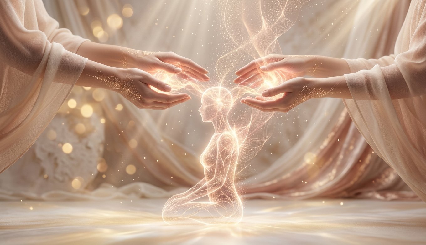 Manos canalizando energía Reiki sobre silueta humana con luz dorada, representando la sanación holística y el equilibrio energético