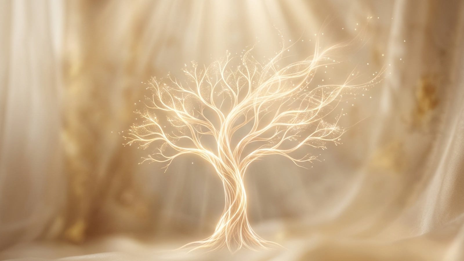 Árbol genealógico con hilos de energía ancestral disolviéndose en luz dorada, simbolizando la limpieza transgeneracional y la liberación de patrones heredados