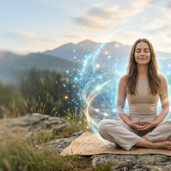 Mujer en meditación con campo energético cuántico - Sanación Cuántica en Murcia con Marysol