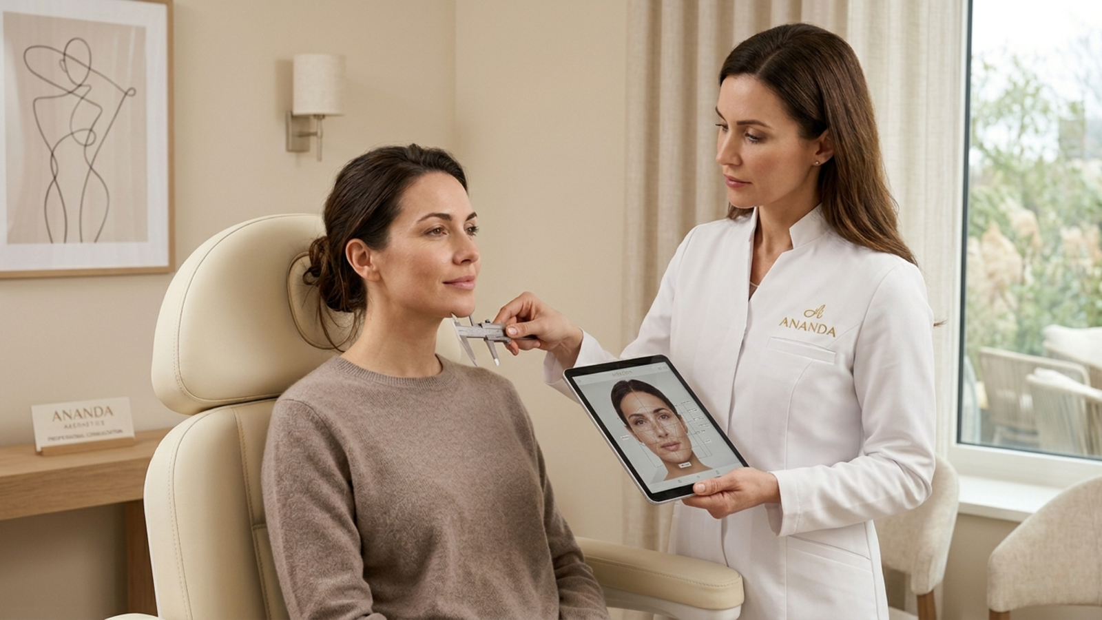 Médico estético realizando una valoración facial personalizada a una paciente en una consulta profesional, analizando sus características anatómicas y diseñando un plan de tratamiento seguro y adaptado a sus necesidades