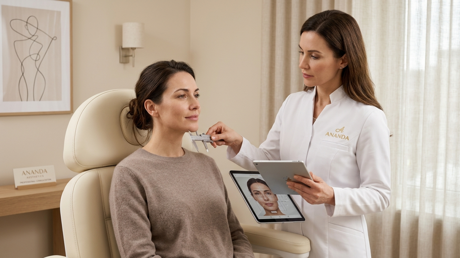Médico estético realizando una valoración facial personalizada a una paciente en una consulta profesional, analizando sus características anatómicas y diseñando un plan de tratamiento seguro y adaptado a sus necesidades