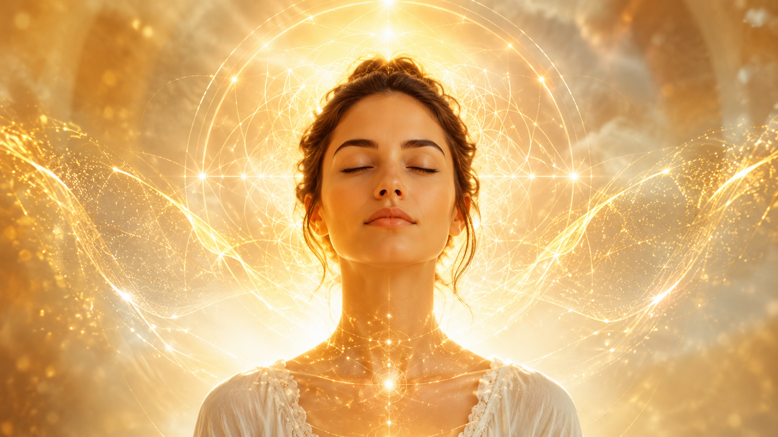 Mujer en paz recibiendo sanación energética de Reiki con luz dorada y geometría sagrada, sesiones de Reiki en Murcia con Marysol Díez