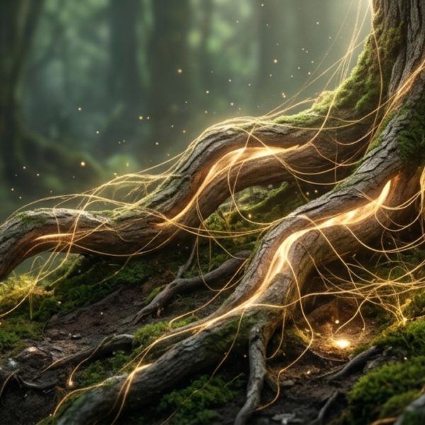 Raíces de árbol antiguo con luz dorada - Taller de sanación ancestral y familiar en Murcia con Marysol
