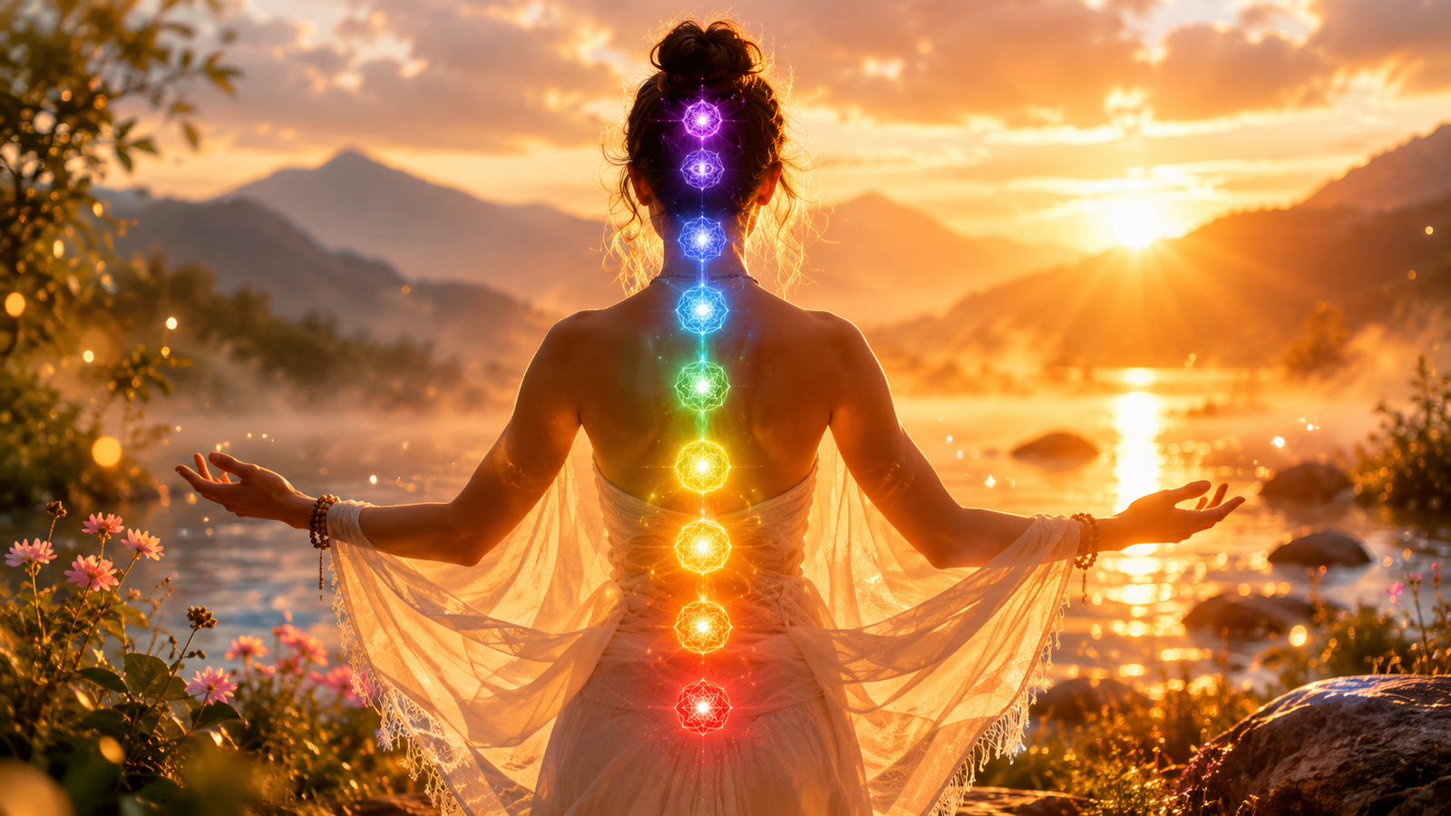 Mujer de espaldas con los 7 chakras iluminados a lo largo de la columna vertebral, rodeada de naturaleza al amanecer, representando la alineación energética en Ananda Centro Médico Murcia
