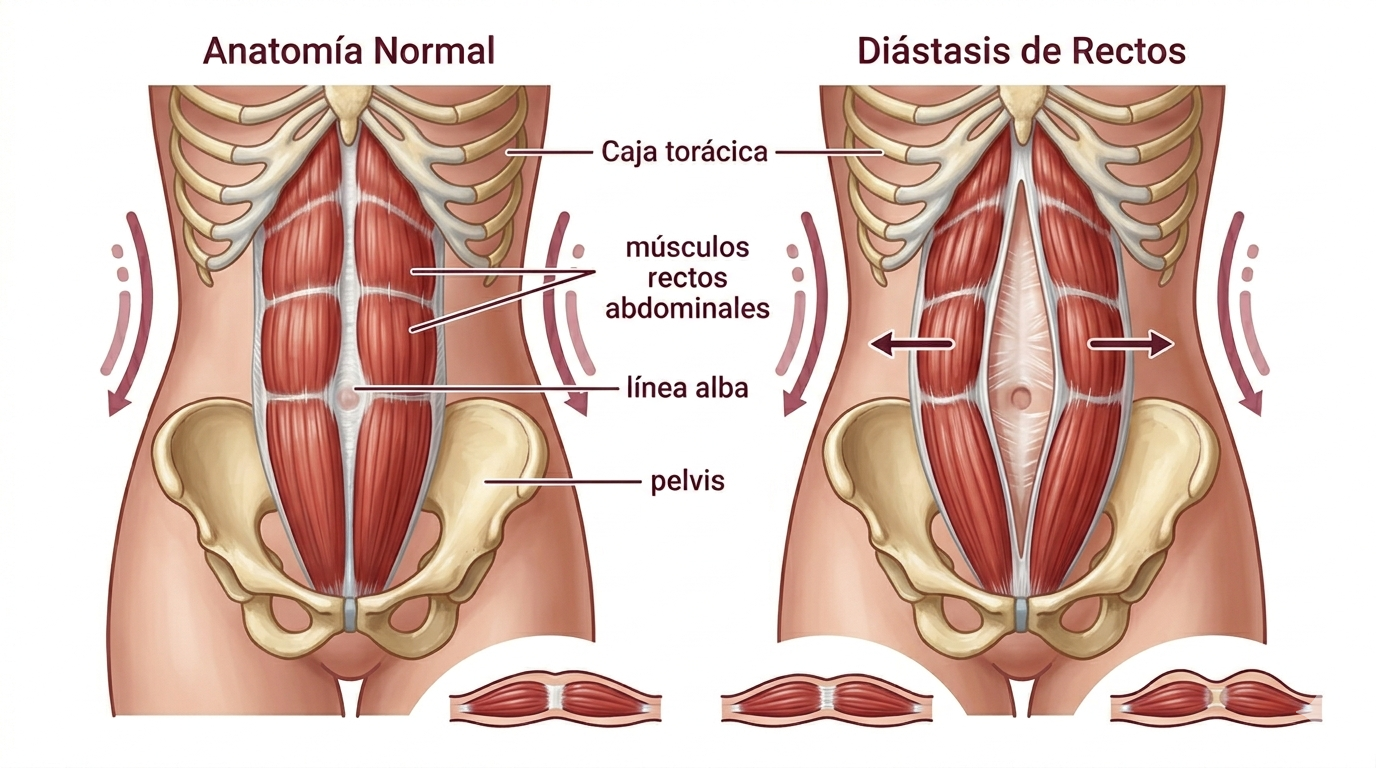 Diagrama de la diástasis de rectos abdominales frente a una anatomía normal