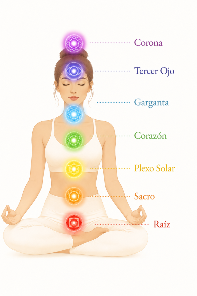 Ilustración de los 7 chakras en una mujer meditando: Raíz, Sacro, Plexo Solar, Corazón, Garganta, Tercer Ojo y Corona, con sus colores y ubicaciones en el cuerpo
