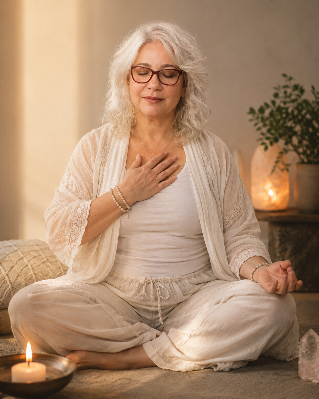 Marysol Díez meditando, terapia holística en Ananda Centro Médico Estético, Murcia