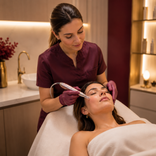 Esteticista aplicando tratamiento facial de microdermoabrasión y microneedling con Dermapen en formación de Ananda Centro Médico Estético en Murcia